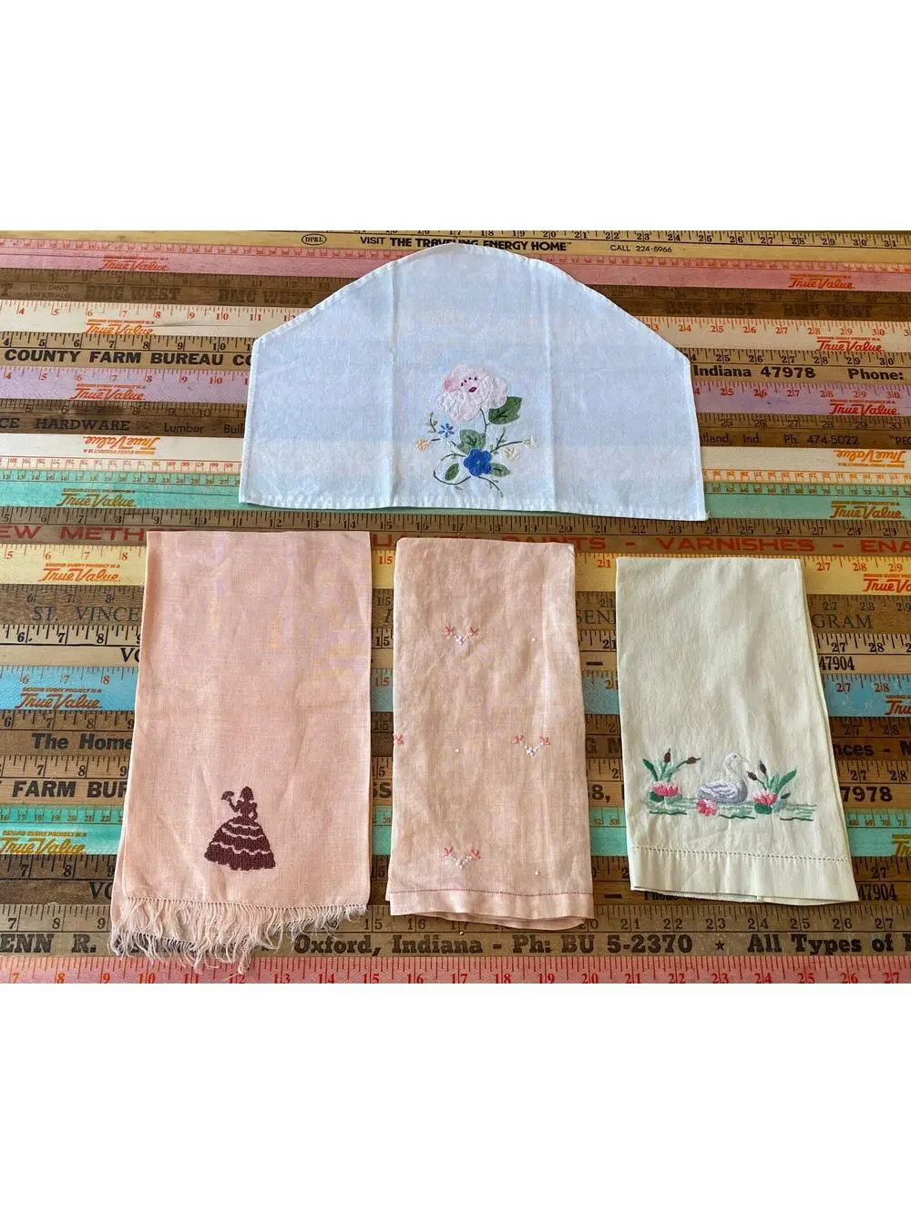 VINTAGE Hand Embroidered Lot Of 4 Dresser Scarf Guest Towel Cotton LINEN Floral